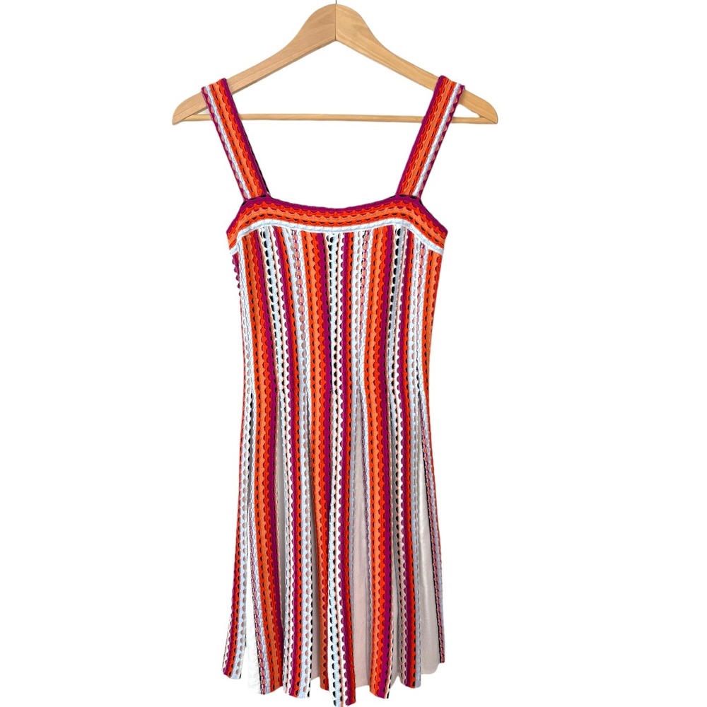 Ramy Brook Luisa Women's Crochet Knit Mini Dress Striped Square Neck RARE XS - Picture 3 of 8
